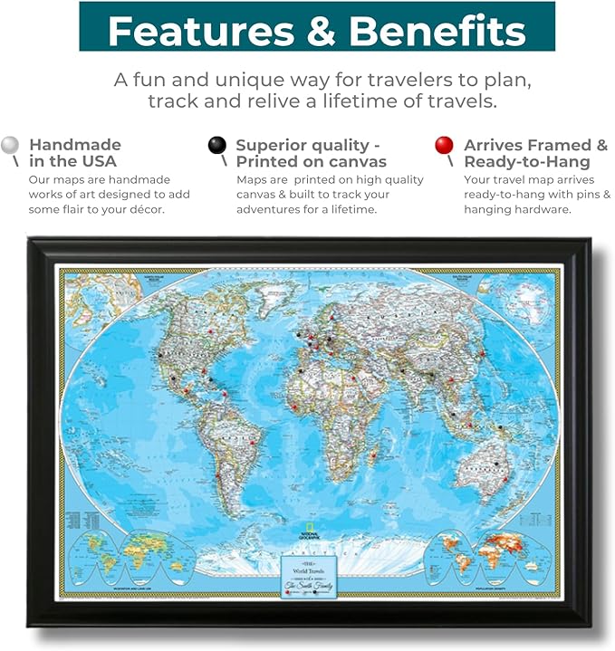 Canvas Classic World Map Pin Board – Framed Travel Map with Pins for Wall – Personalized Push Pin World Map for Tracking Journeys – 27.5" x 39.5" Rustic Black Frame