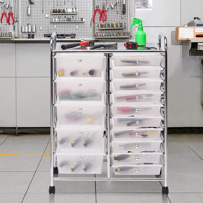 ARLIME 15 Drawer Rolling Storage Cart, Rolling Organizer Cart, Scrapbook Paper Organizer, Suitable for Office and School, Office Storage Tools on Wheels (Clear)