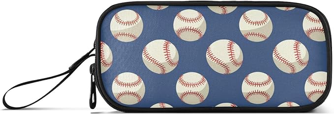 Baseballs Ball Blue Pencil Case Box Boys Girls Large Pencil Pouch with Zipper Compartments Big Capacity Stationery Pen Bag Organizer for Kids Teens Adults School