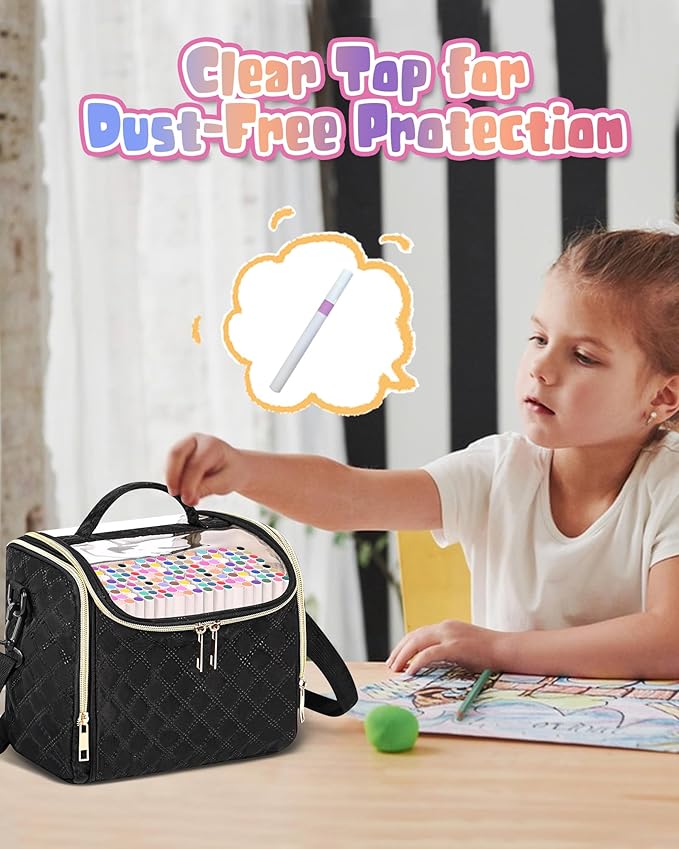 Marker Organizer Case for 72 Markers, Small Marker Storage Bag with Removable Divider & PVC Top, Portable Marker Pen Carrying Case with Handle & Shoulder Strap, Black