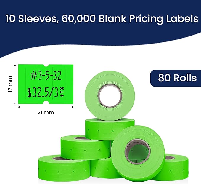 Perco 2 Line Fluorescent Green Labels - 80 Rolls, 10 Sleeves, 80,000 Blank Price and Date Gun Labels for Perco 2 Line Price and Date Guns - Made in USA