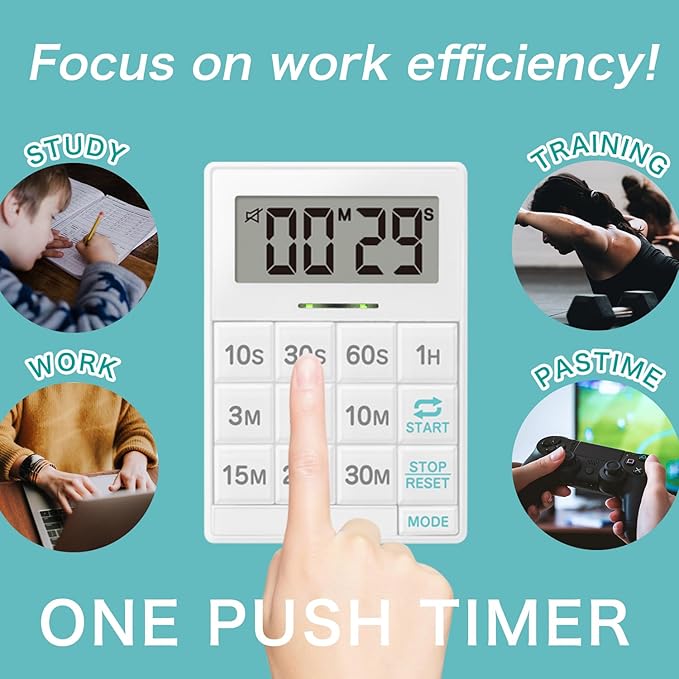 dretec One-Push Timer, Just Press, Easy, Time Saving, Interval, Silent, Kitchen Timer, Digital, Magnet, Stand, Light, Study, Muscle Training, Sports, White