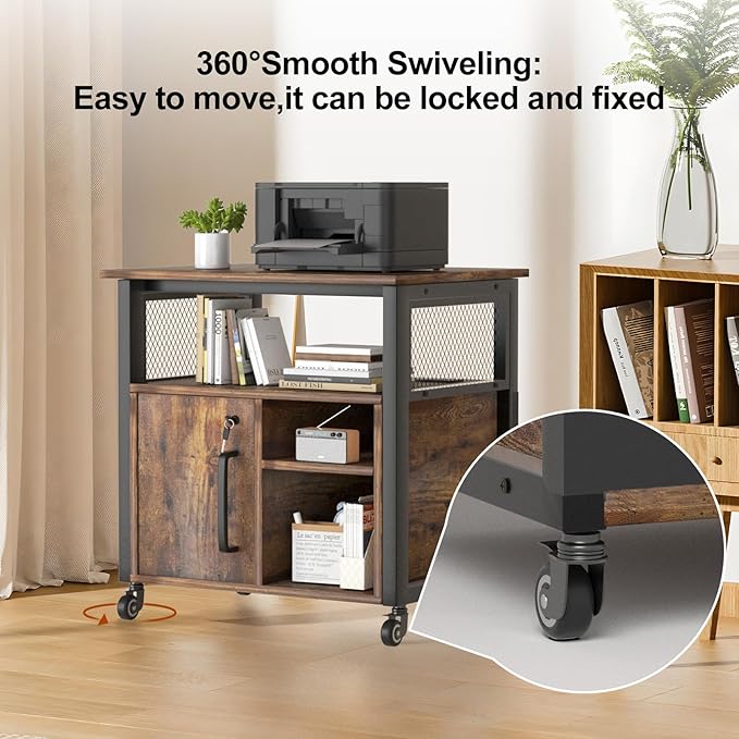 Lateral File Cabinet, Locking Office Filing Cabinets with Socket and USB Charging Port,printer cart with storage，Modern Rolling Printer Stand with Storage for Printer Scanner Fax，Brown
