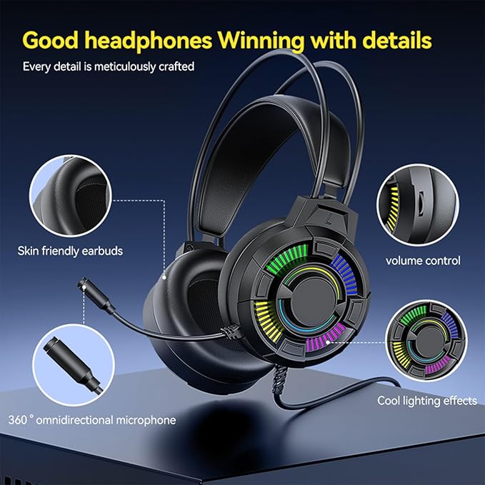 ANGESHA USB Gaming Headphones Headsets Earphone Featuring Led Lighting 7.1Sound Effect Noise Cancelling Microphone for PC Laptop