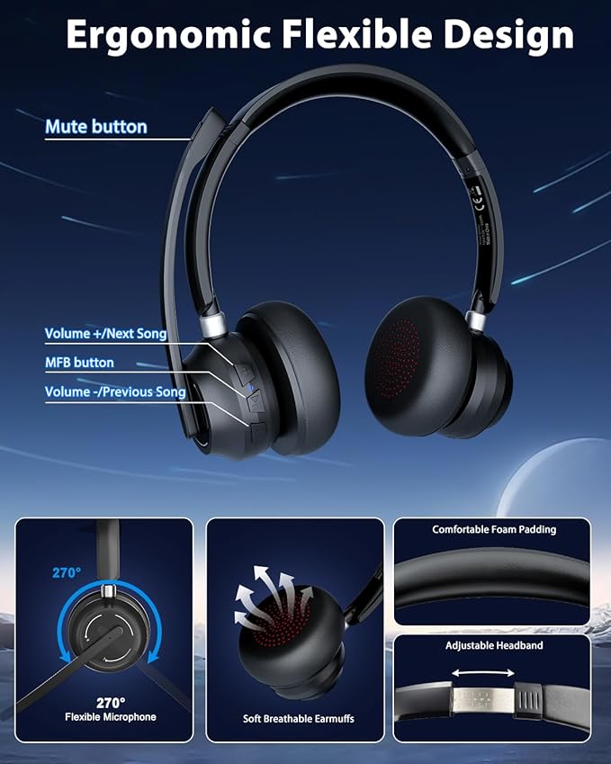 Blue Air Wireless Headset with Mic for Work, Bluetooth 5.1 Headphones with Noise Canceling Microphone, USB Dongle, 45H Playtime, Clear Calls & Mic Mute for PC, Laptop, Call Center, Teams, Black