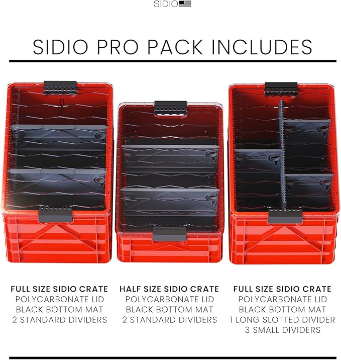 SIDIO CRATE Pro Pack - Two Full Size and One Half Size SidioCrate, Stackable Outdoor Organizer Storage Bins with Clear Lid and Dividers