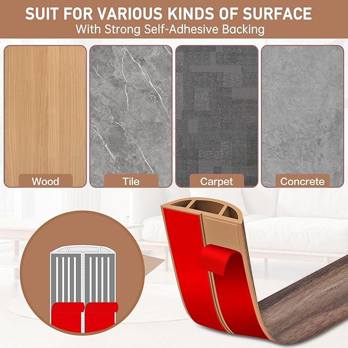 Floor Cord Cover Self Adhesive Cord Hider Floor Extension Cord Covers for Floor Power Cord Protector Cable Management Prevent Cable Trips Cable Cavity 0.59" W x 0.31" H (Smoked Brown Wood, 10Ft)