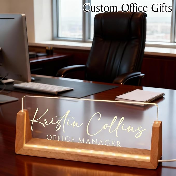 Personalized LED Name Plate for Desk, Light Up Acrylic Office Decor Desk Name Plate with Wooden Base, Custom Name Logo Quote, Appreciation Gifts for Boss Coworkers Employee Women Men (Signature)