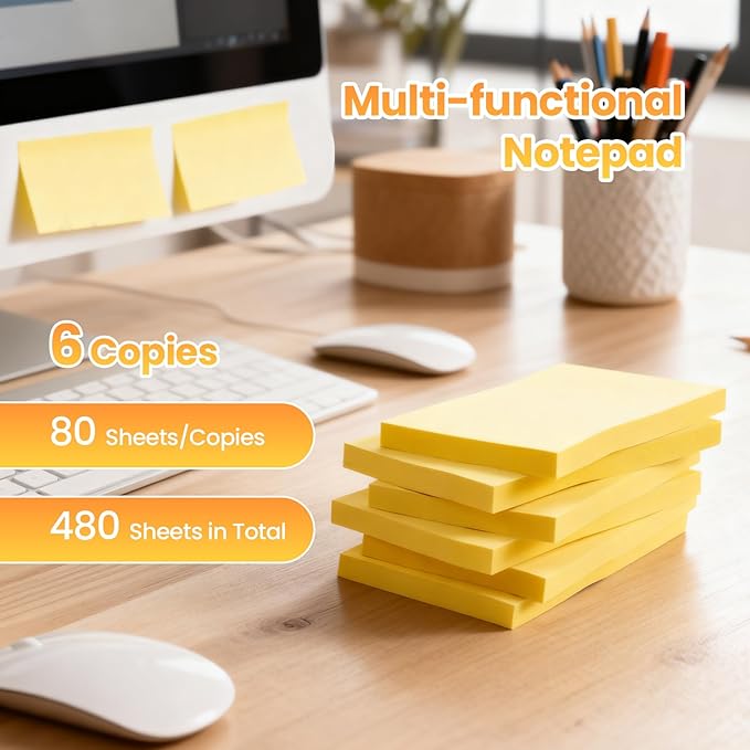 480 Sheets 3 in x 5 in Large Sticky Notes, 76 x 127 mm 6 Pads Classic Yellow Self-Stick Pads for Notebook,Office,School and Home,80 Sheets/Pad (6 Pads Yellow)