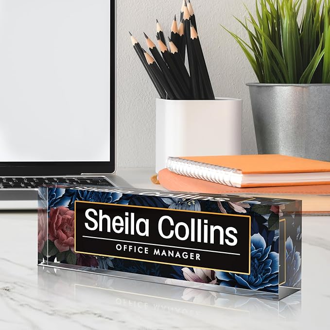 Custom Acrylic Name Plate for Desk, Employee Appreciation Gifts, Office Decor, Personalized, Funny Gifts for Coworkers, Boss, Teacher (Blue Flowers)