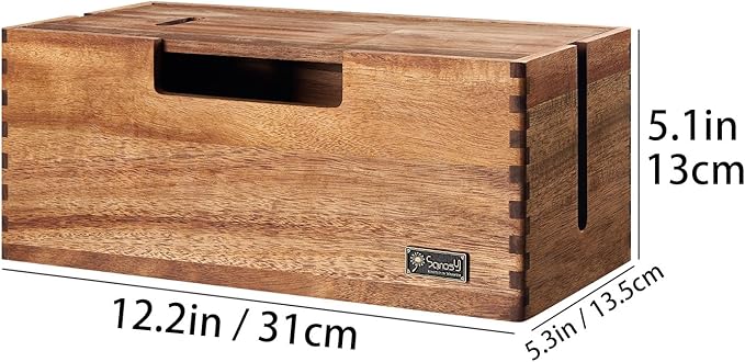 Cable Management Box, Acacia Wood Cord Hider Organizer for Power Strips, TV, Desk & Floor Wires, Under Desk Cable Storage Box for Office & Home