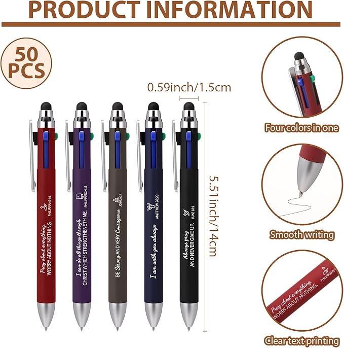 Yexiya 50 Pack 4 Color Retractable Pens Multicolor Ballpoint Pens Bulk 2 in 1 Stylus for Touch Screens Office Nurses Teachers Work Party Favors Gift (Bible Verse)