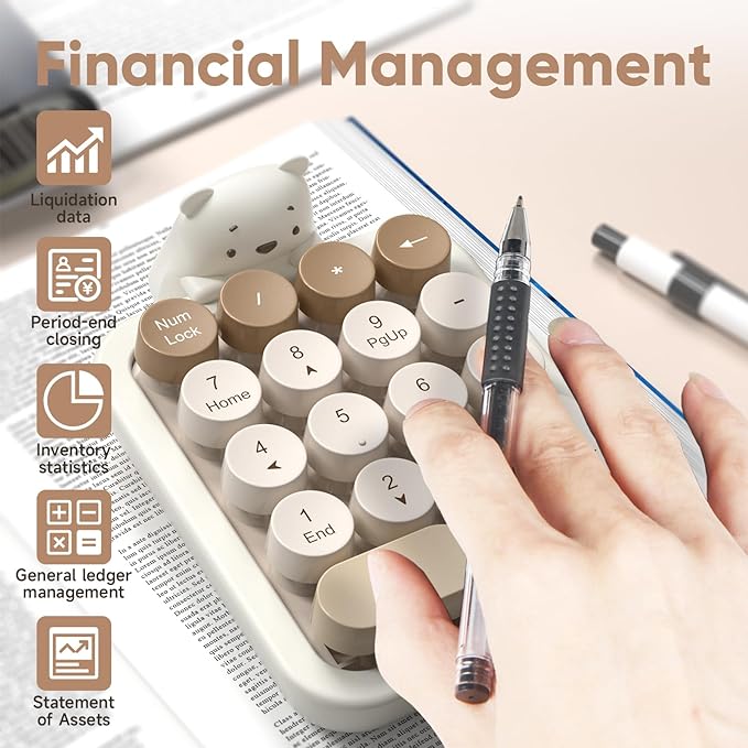 MOFII Wireless Number Pad with Bear - Mixed Milktea Numeric Keypad 18 Keys 2.4G Round Keycap Colorful Extensions Cute Numpad, Portable Accounting Financial Retro Numpad 10 Key for Laptop/PC/Notebook