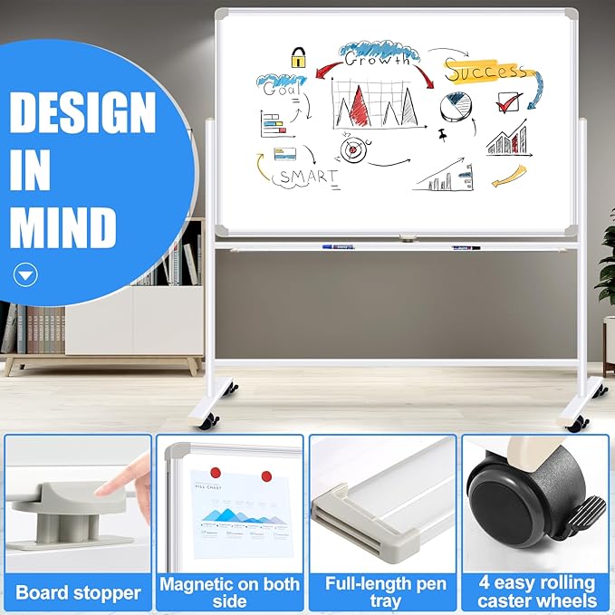 Dry Erase Board with Stand - 72x40 Double Sided Large Standing Whith Board, Mobile Whiteboard on Wheels for Home Classroom Office, Rolling Magnetic Whiteboard Easel for Meeting, Training