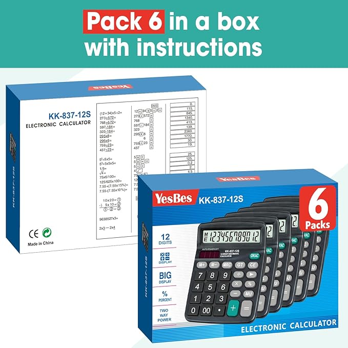 6 Pack Calculator Bulk, 12 Digits Calculators Desktop with Large LCD Display and Sensitive Butto, Solar and Battery Dual Power, Desk Calculator for Office, School, Home