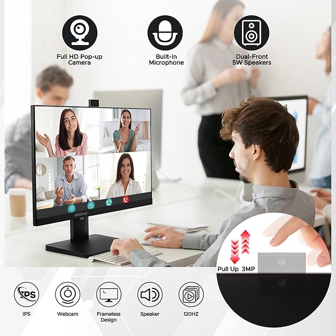 SKitphrati 23.8” Business Webcam Gaming Monitor, 1080P IPS 120HZ, Video Conference Monitor - Built-in Adjustable 3MP Webcam, Mic Array, Speakers, Eye Care, Frameless, HDMI, DP, VGA, USB 2.0