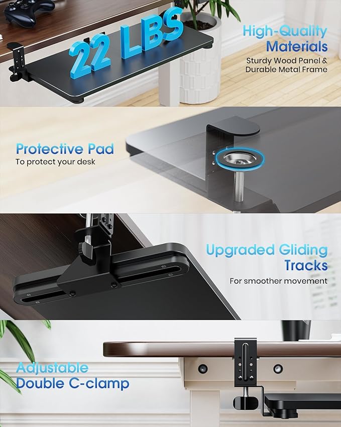 Small Keyboard Tray Under Desk, Pull Out Keyboard & Mouse Tray with Adjustable C-clamp, 20(25.9 Including Clamps) x 11.8 Inch Slide Out Computer Keyboard Drawer Mouse Tray for Typing, Black