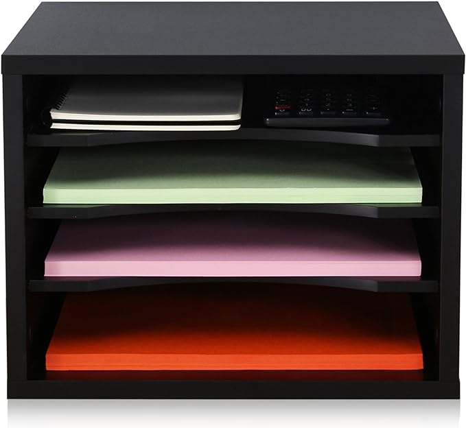 FITUEYES Wood Desk Paper Organizer with 4 Tiers Storage, Desktop File Holder, Document Letter Sorter Tray with Adjustable Shelves, Home Office Wooden Mail Rack, Black