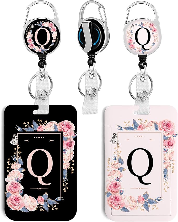 2 Pack A-Z Letter ID Badge Holder with Clip Badge Reels Retractable Heavy Duty,Keychain，ID Holder for School Nurse Office Q