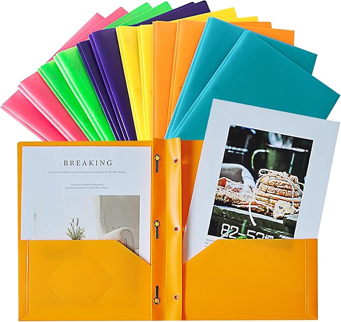 Seashell 12 Pack 2 Pocket Folders with Prongs, Plastic 3 Hole Punched Folder with Two Pockets, Letter Size, Heavy Duty, Assorted Colors, for Office and Classroom Use