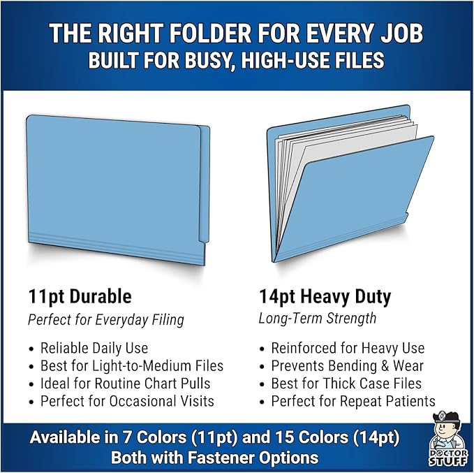 Blue File Folders, USA Made, Doctor Stuff, No Fasteners, Durable 11pt, Reinforced End Tab File, Colored Office & Medical Charts and Patient Chart Folder, Box of 100