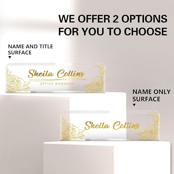 Custom Acrylic Name Plate for Desk, Employee Appreciation Gifts, Office Decor, Personalized with Gold Flowers