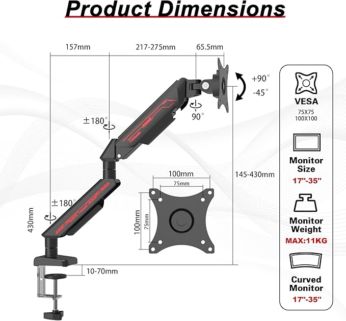 Monitor Arm for 17-35" Screens up to 24.2 lbs, Ergonomic Gas Spring Monitor Stand with Height Adjust, Tilt, Swivel & Cable Management, VESA Desk Mount with 2 Types of Installation, Black