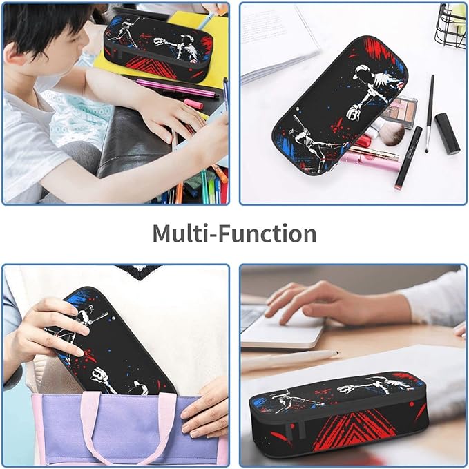 Sports Style Black Pencil Box with Playing Baseball Boys Pattern, Cool Baseball Themed Pen Case Holder Pouch Pencil Bag with Zippers Stationery Organizer Bag Purse for Sports Lovers Office Supplies