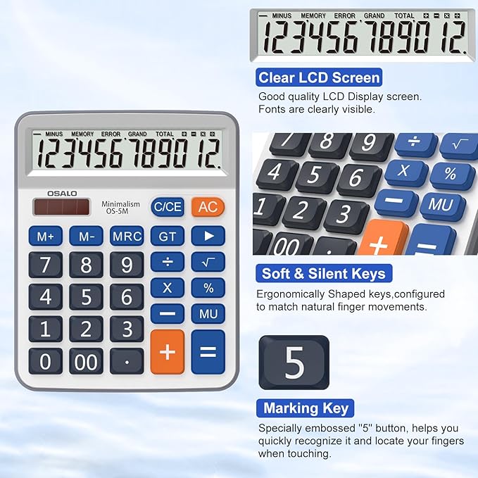 Desktop Calculator Extra Large 5-Inch Clear LCD Display 12-Digit Big Number Button Office Calculator with Auto Sleep Function (OS-5M)