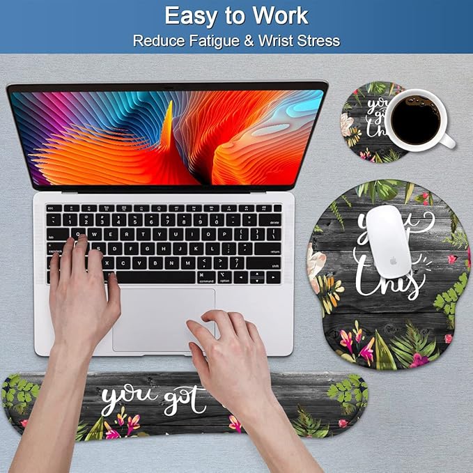 Keyboard Wrist Rest and Mouse Pad Wrist Support Set with Coasters, You Got This Inspirational Quote Wrist Support Mouse Pad with Non-Slip PU Base for Computer Laptop Home Office Working Studying
