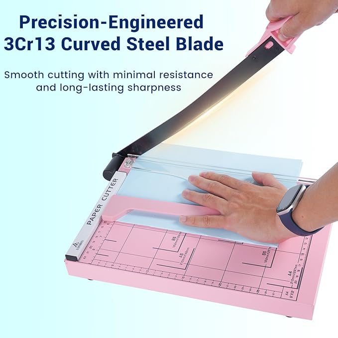 Guillotine Paper Cutter, Heavy Duty 12-Sheet Capacity Trimmer for Cardstock, Photos, Scrapbooking, Office, Classroom, Studio (Pink)