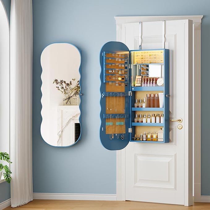 Lvifur Hanging Jewelry Armoires with LED Lights,Blue Jewelry Storage Cabinet Lockable Wavy Mirror Jewelry Organizer, Lockable Frameless Mirror with Storage, LED Jewelry Cabinet Wall/Door Mounted