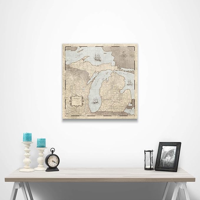 Push Pin Michigan Map Board - With Push Pins to Mark Michigan Travel - Handmade in Ohio, USA - Design: Rustic Vintage