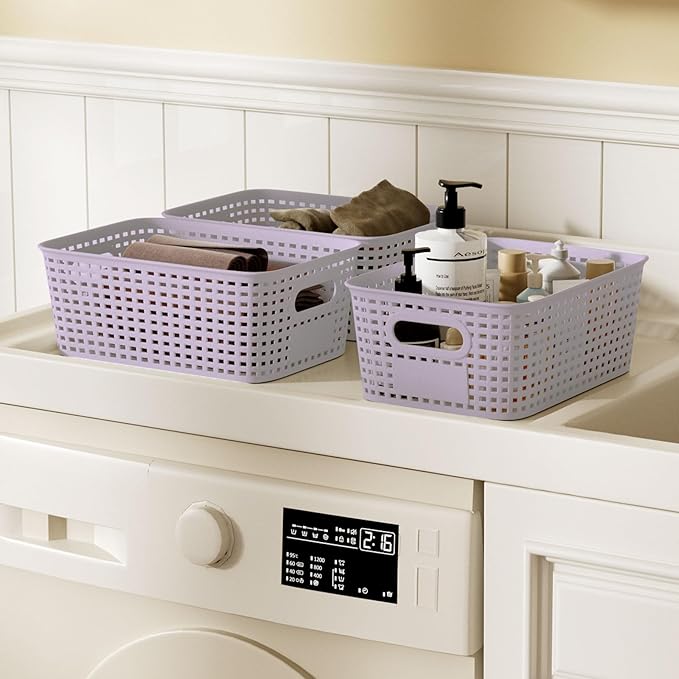 Plastic Storage Bins with Bamboo Lid - Pantry Storage Baskets with Lid - Stackable Container with Lable for Organizing Small Storage Box for Shelves Office Cabinet Drawer Closet 9x7x4 In - Purple 6Pcs