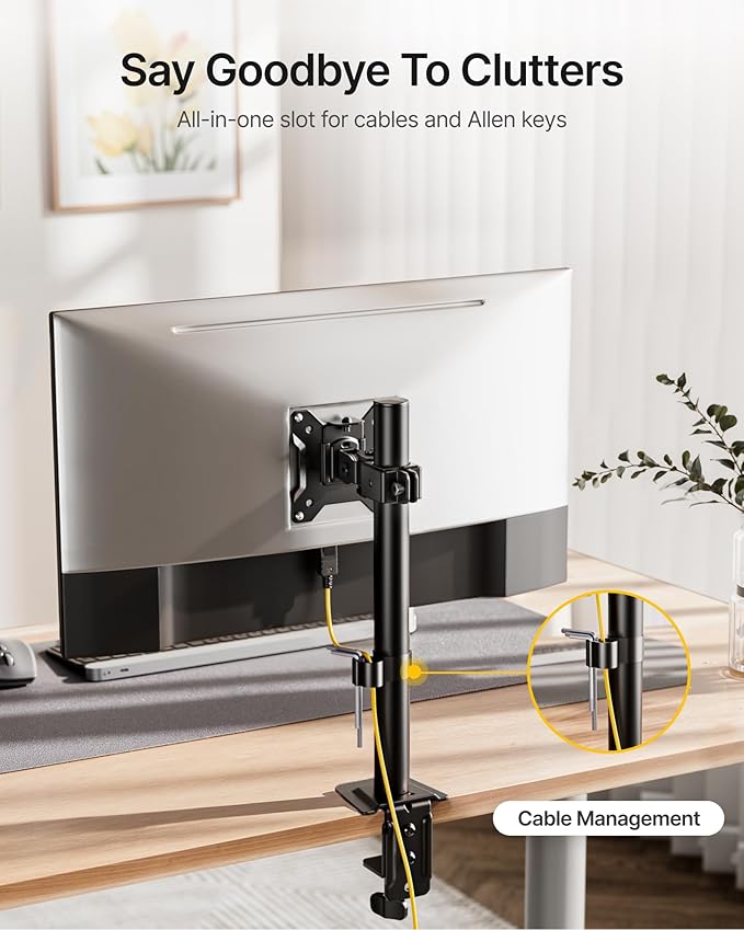 monTEK Single Monitor Stand, Stable Monitor Arm for 17-32 inch& 22lbs Capacity Screen, Height Adjustable Desk Mount with C Clamp and Grommet Base, VESA 75 * 75MM/ 100 * 100MM