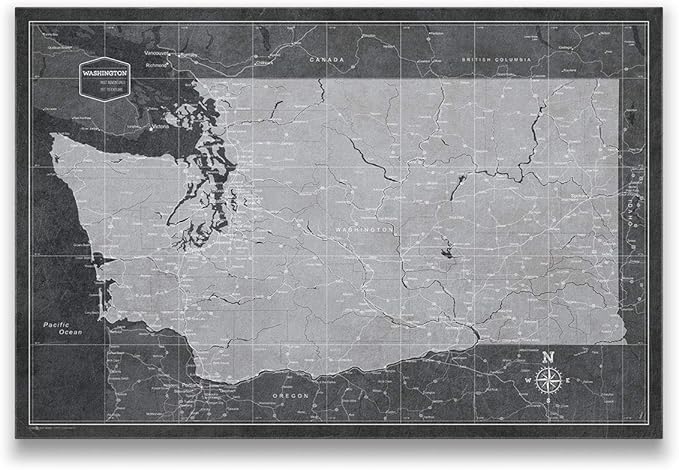 Conquest Maps Push Pin Washington Map Board - With Push Pins to Mark Washington Travels - Handmade in Ohio, USA - Design: Modern Slate