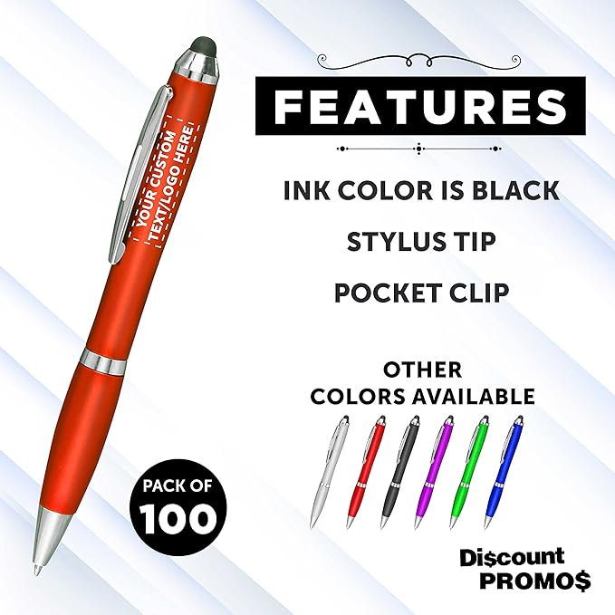 DISCOUNT PROMOS Custom Plastic Stylus Pens Set of 100, Personalized Bulk Pack - Black Ink, Great for Office, School, Business, Tradeshows, Events - Orange