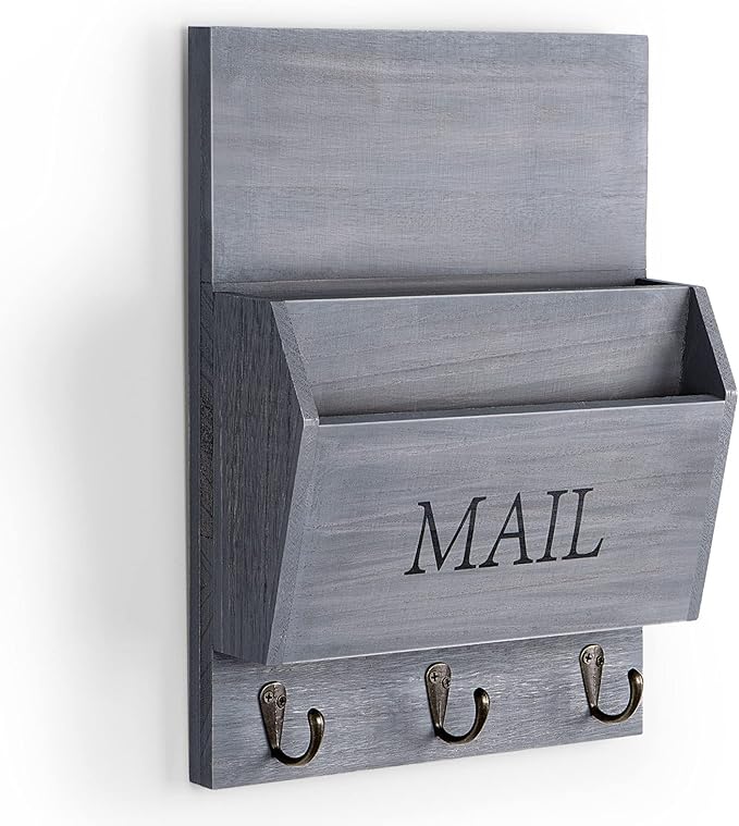 DLQuarts Mail Organizer with Key Holder for Wall Decorative Mail Sorter Wall Mounted, Wooden Mail Holder with 3 Hooks, Gray