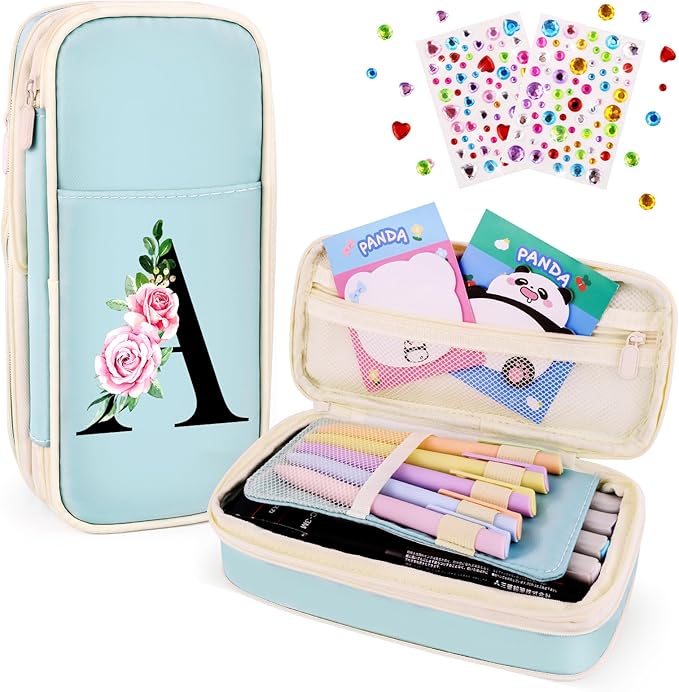 Preppy Pencil Case for Girls, Cute Large Pencil Pouch, Personalized Initial Pencil Bag with Zipper for School College Office Supplies, Back to School Supplies Gifts for Teen Girls (A, Blue)