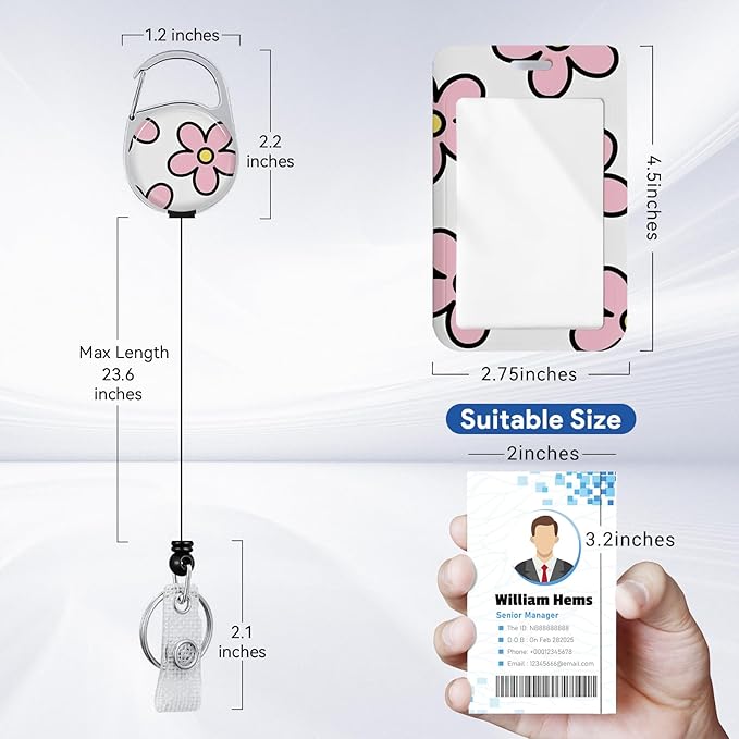 2 Pack Flower ID Badge Holder with Heavy Duty Retractable Reel Keychain for WomenStudents,Teachers, Nurses, Office Use 8