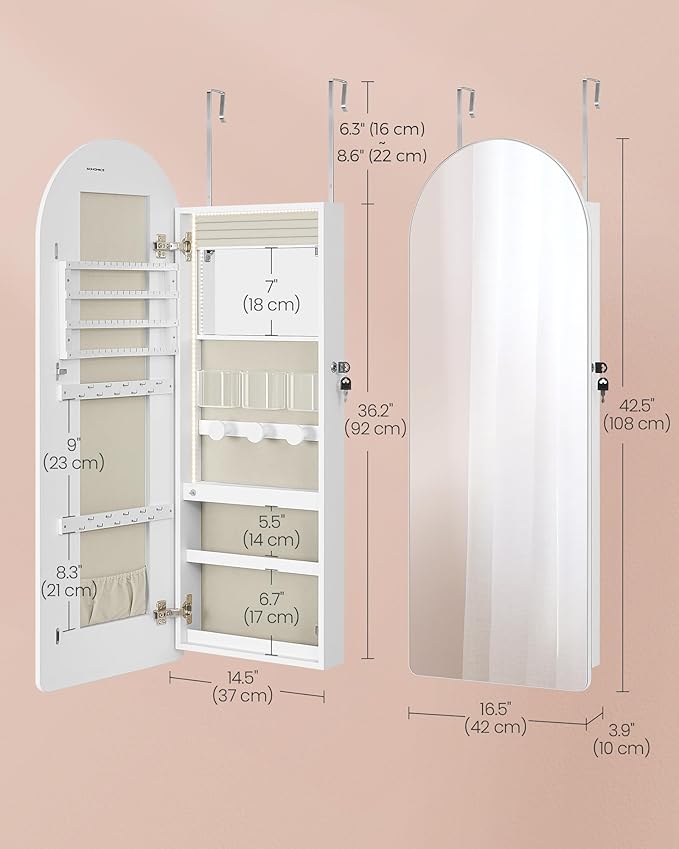 SONGMICS Wide Jewelry Organizer, LED Jewelry Cabinet Wall/Door Mounted, Arched Mirror with Storage, Lockable, Rounded Corner, Interior Mirror, 3.9 x 16.5 x 42.5 Inches, Cloud White UJJC020W01
