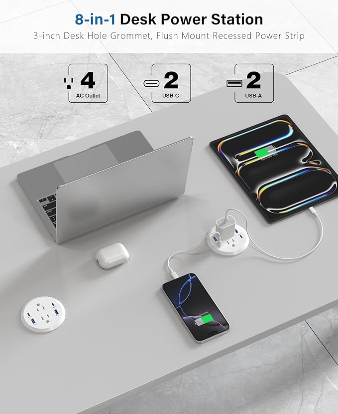Jgstkcity Power Strip,Flush Mount Recessed Power Grommet,65W USB C Fast Charging,3-Inch Hole, 4 Outlets & 4 Ports, Ideal for Desktop & Countertop Outlet,Dual-Sided (White, 10FT)