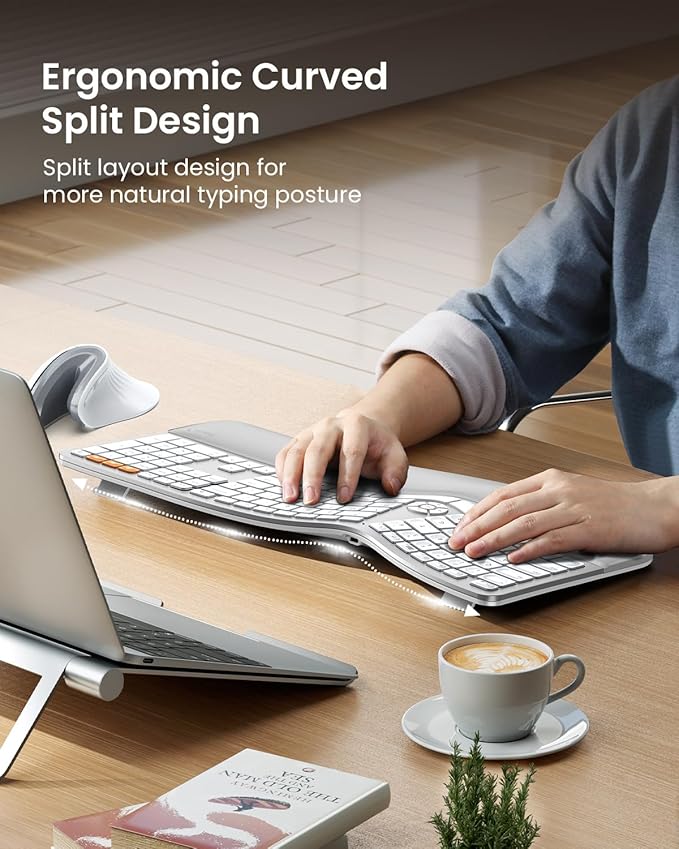 ProtoArc Backlit Bluetooth Ergonomic Keyboard, EK01 Plus Full Size Wireless Split Keyboard with Dual Bluetooth and USB, Cushioned Wrist Rest, Rechargeable, for Windows/Mac/Android, White and Silver