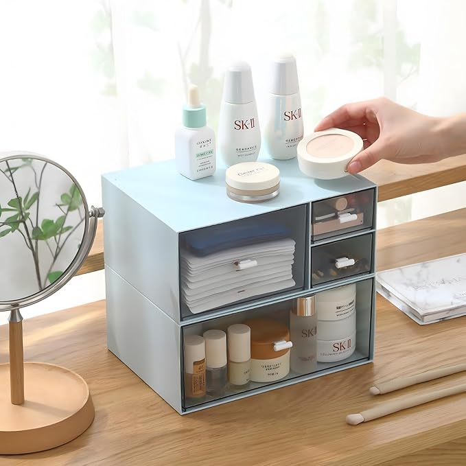Desktop Stackable Storage 3 Drawers, Blue Plastic Stationery Drawer Organiser, Makeup Desk Organiser Storage Box, Small Drawers Storage Unit, 1 Deep Layer