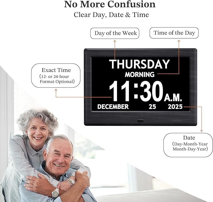 7'' Dementia Clock For Seniors, Large Display Digital Clock With Date, Time, Day Of Week for Elderly, Alzheimer, 1024*600P HD, 10 Reminders & 7 Alarms, Auto Dimming & DST, Remote Control, Woodgrain