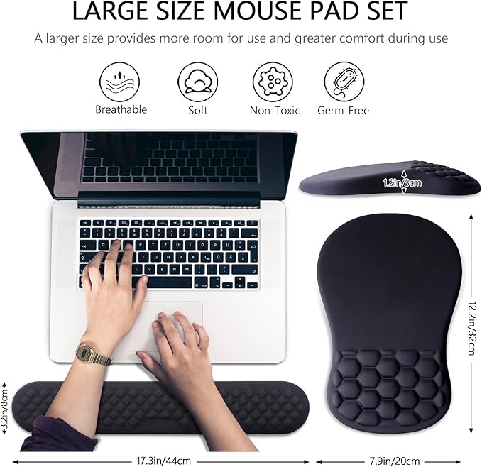 Mouse Pad Wrist Support, Laokiiy 2 in1 Keyboard Wrist Rest+ Ergonomic Mouse Pad, Non-Slip Wrist Rest for Computer Keyboard, Made Easy Typing & Relieve Wrist Pain（Black
