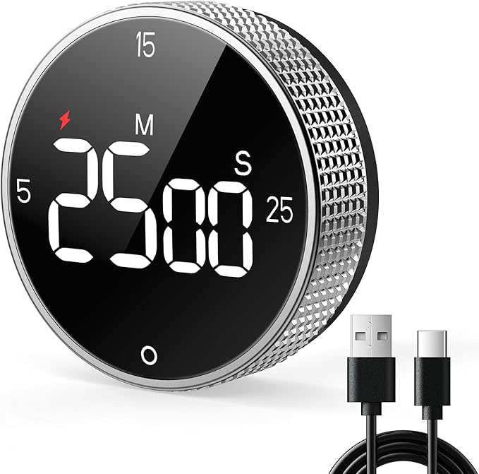 USB Rechargeable Magnetic Kitchen Timer for Cooking, Building 800mAh Battery Large Display Digital Countdown Timer, 3 Preset 5/15/25 Mins Loud Alarm for Baking Grilling Studying - Silver