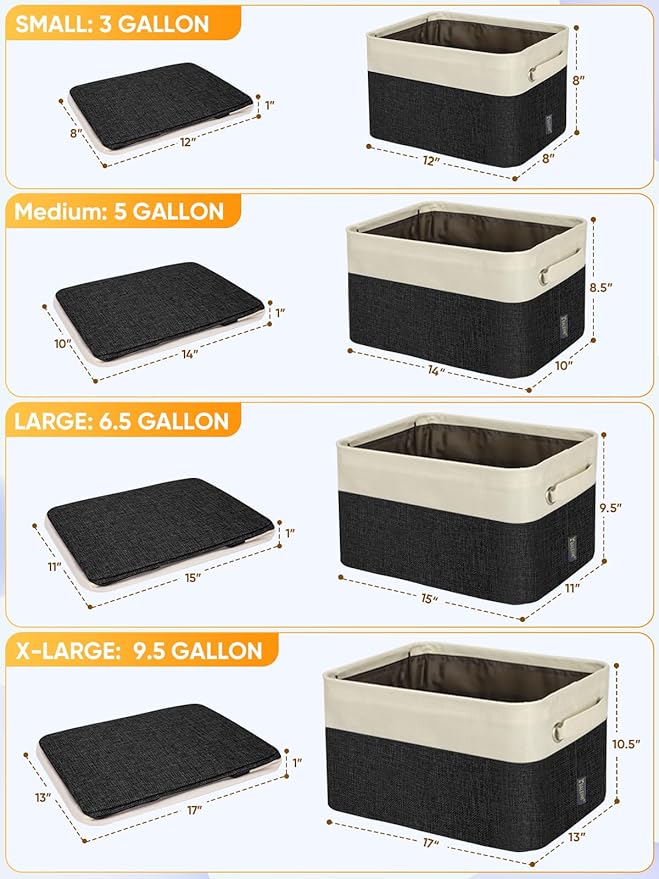 BALEINE 3 Pack Fabric Storage Bins for Shelves, Linen Storage Baskets for Organizing, Decorative Closet Bins for Clothes, Home (Black, 14''x10''x8.5'')