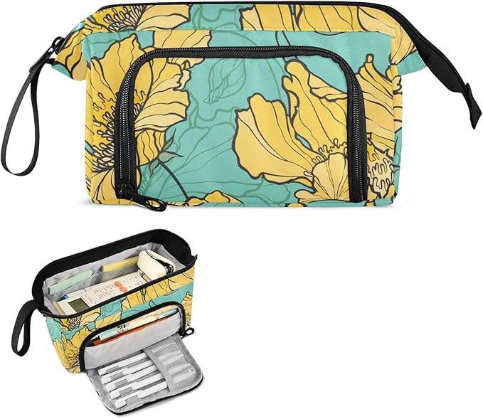 Bolaz Big Capacity Pencil Pen Case Pouch Bag School College Office Organizer for Teens Girls Adults Student-Yellow Flower Pattern