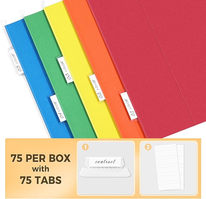 SUNEE Hanging File Folders, Assorted Colors - 75 Pack, Colored File Folders Letter Size with 1/5-Cut Tabs, Ideal for Organizing Home and Office Documents
